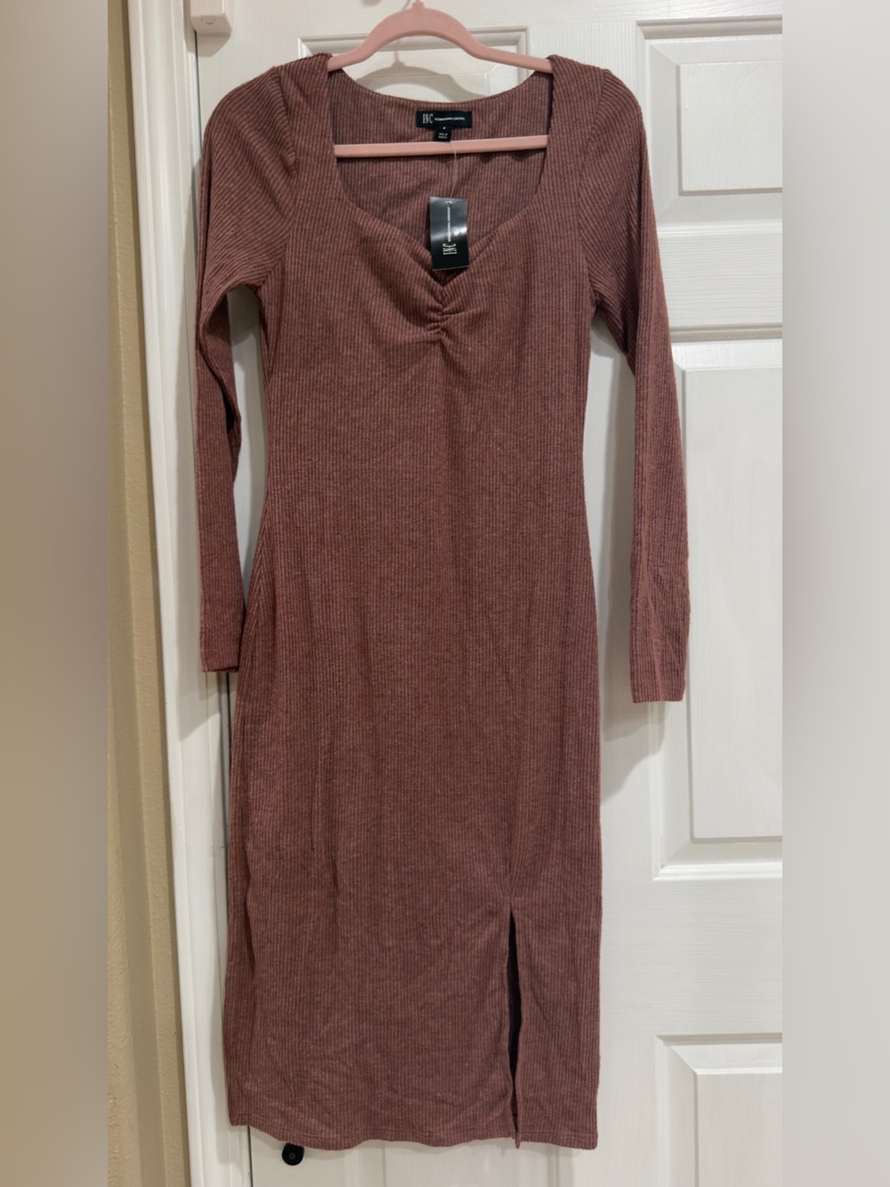 INC. Long Sleeve Ribbed Midi Dress in Dusty Rose - Classic Women's Dress
